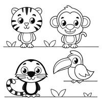Playful Jungle Animals for Coloring Tiger Cub, Monkey, Frog, Toucan, and Parrot vector