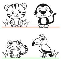 Friendly Jungle Animals for Coloring Tiger Cub, Monkey, Frog, Toucan, and Parrot vector