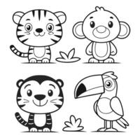 Cute Jungle Creatures Tiger Cub, Monkey, Frog, Toucan, and Parrot Coloring Page vector