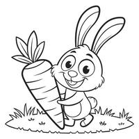 Smiling Bunny and Carrot Black and White Line Art vector