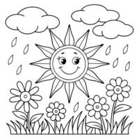 Fun Weather-Themed Coloring Page with a Happy Sun, Clouds, and Smiling Flowers vector