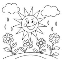 Smiling Sun and Raindrop Clouds Fun Coloring Illustration for Kids vector