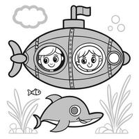 Explore the Deep Sea with Submarine and Dolphin Coloring Page vector