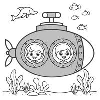 Cute Submarine and Dolphin in Underwater Fun Coloring Page vector