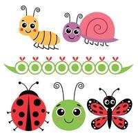 Cute and Quirky Bug Collection Caterpillar, Snail, Ladybug, Spider, and Butterflies vector