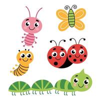 Cartoon Bug Collection Cute Caterpillar, Snail, Ladybug, Spider, and Butterflies vector