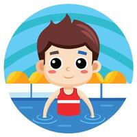 Adorable Cartoon Illustration of a Happy Boy Enjoying a Relaxing Swim in a Clear Blue Pool vector