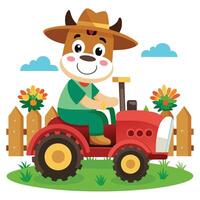 Happy Farm Cow Character Steering a Cute Tractor with Greenery and Blue Sky vector