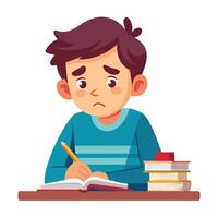 Stressed Student Struggling with Homework and Studying at Desk vector