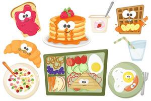 set of elements for children's breakfasts with pancakes, eggs, sandwiches, toast with jam, yogurt, Viennese waffles, cereals in cartoon style vector
