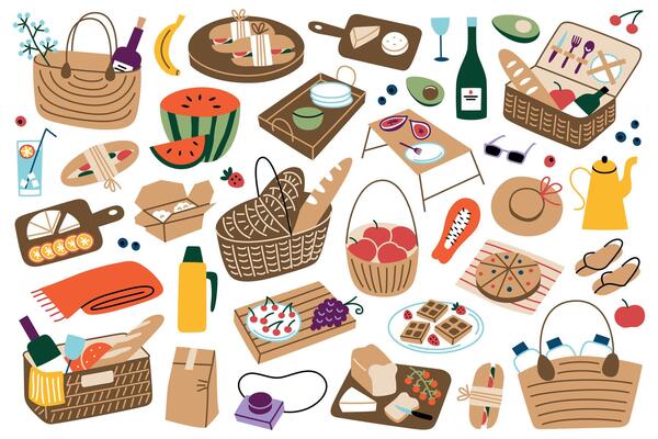 Picnic essentials set with wicker baskets, food, drinks, and accessories. illustrations of sandwiches, fruit, cheese, wine, thermos, tableware, flat cartoon collection for summer meal outdoors