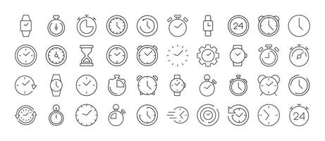 Clock, Smart Watch, Alarm Clock, Timer Thin Line Icon Set. Outline Signs for Graphic and Web Design, Apps, Adverts, Various Cards vector