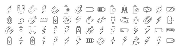 Magnet, Battery, Lightning Thin Line Icon Set. Outline Signs for Graphic and Web Design, Apps, Adverts, Various Cards vector
