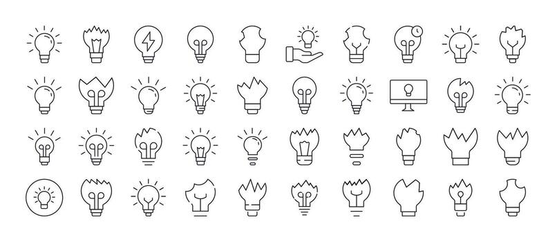 Light Line Icon Bundle. Lamps and Broken Lamps Outline Signs for Graphic and Web Design, Apps, Adverts, Various Cards vector