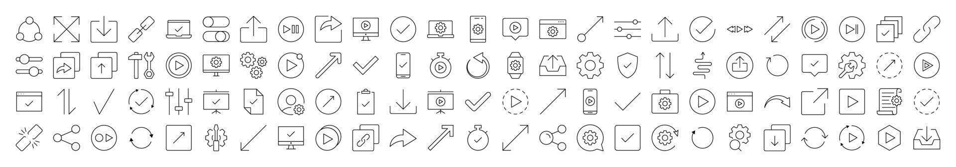 Arrows, Share, Check, Turn, Download, Settings Related Icon Set. Editable Stroke. Suitable for Web Sites, Books, Cards, Apps vector