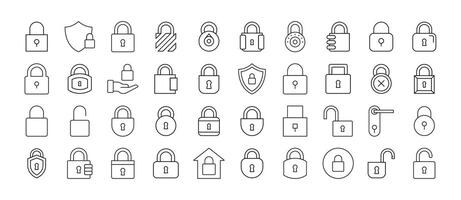 Bundle of Lock Related Line Icons. Door and Padlock Outline Signs for Graphic and Web Design, Apps, Adverts, Various Cards vector