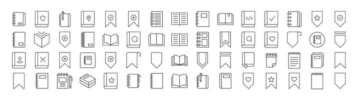Set of Book, Bookmark, Diary Related Line Icons. Outline Signs for Graphic and Web Design, Apps, Adverts, Various Cards vector