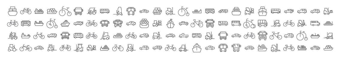 Bus, Ship, Tractor, Bicycle, Car Bundle of Thin Icons. Editable Stroke. Perfect for Web Sites, Books, Cards, Apps vector