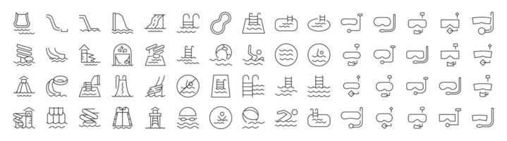 Collection of Water Park, Aquapark, Swimming Pool, Diving Related Line Icons. Outline Signs for Graphic and Web Design, Apps, Adverts, Various Cards vector