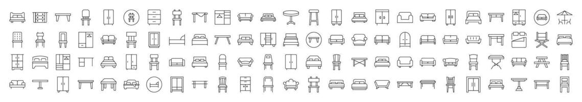 Collection of Signs of Wardrobe, Bed, Sofa, Table, Chair Drawn with Thin Line for apps, web sites, banners, infographics and other types of design vector