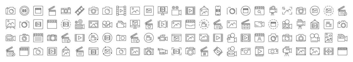 Clapperboard, Photo Camera, Movie, Picture Line Icon Set. Editable Stroke. Minimalistic Linear Pictogram for Design of Cards, Apps, Banners, Posts vector