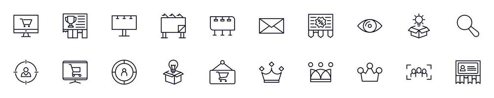 Marketing linear symbols pack. Outline symbol and editable stroke for apps, stores, shops, infographics vector