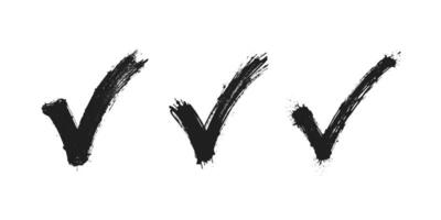 Black grunge check marks with rough edges and splatters vector
