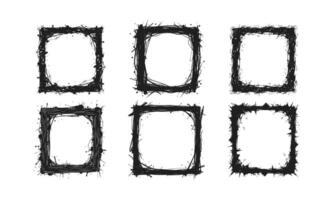 Black grunge square frames with rough edges and splatters vector