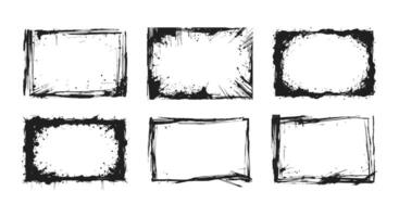 Black grunge rectangular frames with rough edges and splatters vector