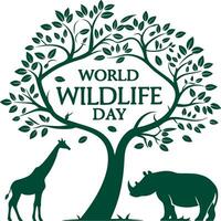 World Wildlife Day Illustration with Tree, Giraffe, and Rhino for Nature Conservation and Eco Projects vector