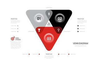 Venn diagram infographic triangle arrow chart template for business presentation with venn elements illustration. vector