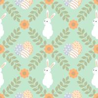Easter seamless pattern with white bunny, egg, and leaf. vector