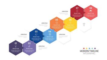 Infographics Hexagon arrow symbol timeline business 8 steps to success template. vector