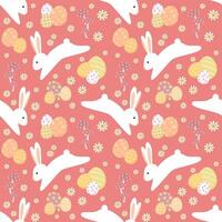Easter seamless pattern with white bunny and egg on red background. vector