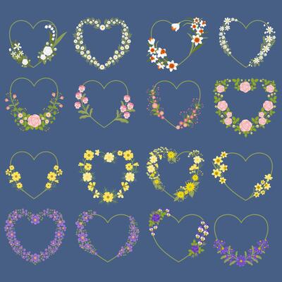 Set of Floral heart frame. Flower bouquet illustration collection.