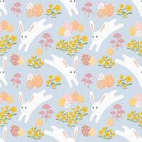 Easter seamless pattern with white rabbit, egg, and flower on blue background. vector