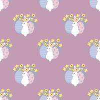 Easter seamless pattern with white bunny and flower on purple background. vector