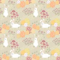 Easter seamless pattern background. Bunnies and eggs in flower field. vector