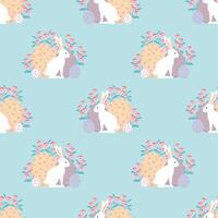 Easter seamless pattern with white rabbit, egg, and flower on pastel blue background. vector