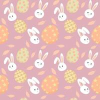 Easter seamless pattern with bunny head, egg, and leaf on purple background. vector