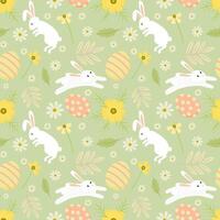 Easter seamless pattern with white bunny run in green meadow. vector