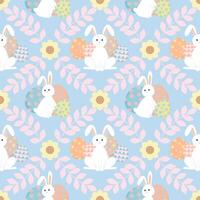 Easter seamless pattern with white rabbit, egg, and leaf on blue background. vector