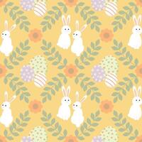 Easter seamless pattern with white bunny, egg, and leaf on yellow background. vector