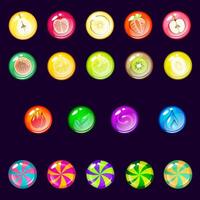 Color bubbles or balls for shooting or mach3 game, fruits balls, candy balls. Glossy circle buttons vector