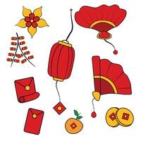 Chinese New Year Icon Set. Lantern, Red Envelope, Gold Coins, Firecrackers vector