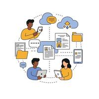 People working on laptops and tablets in a circle vector