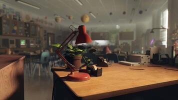 uma escrivaninha com uma luminária e uma em vaso plantar em isto video