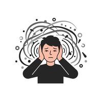 Man with head in hands and ears covered with sound waves vector