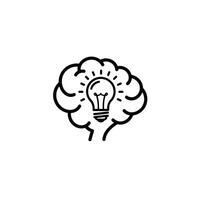 A black and white line drawing of a brain with a light bulb vector
