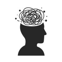 A black and white illustration of a man's head with a tangled mess in it vector